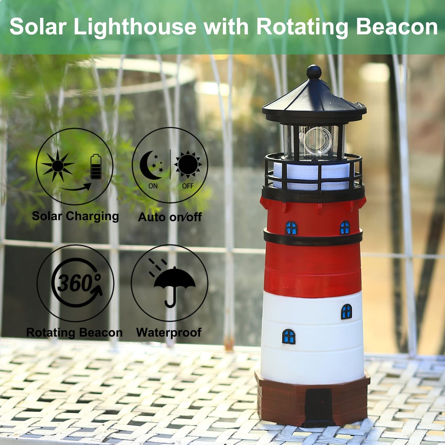 WDLFCGC Solar Lighthouse - 12in Tall with Rotating Beacon, Red3, Model 3130B, Outdoor Decoration Gift for Children