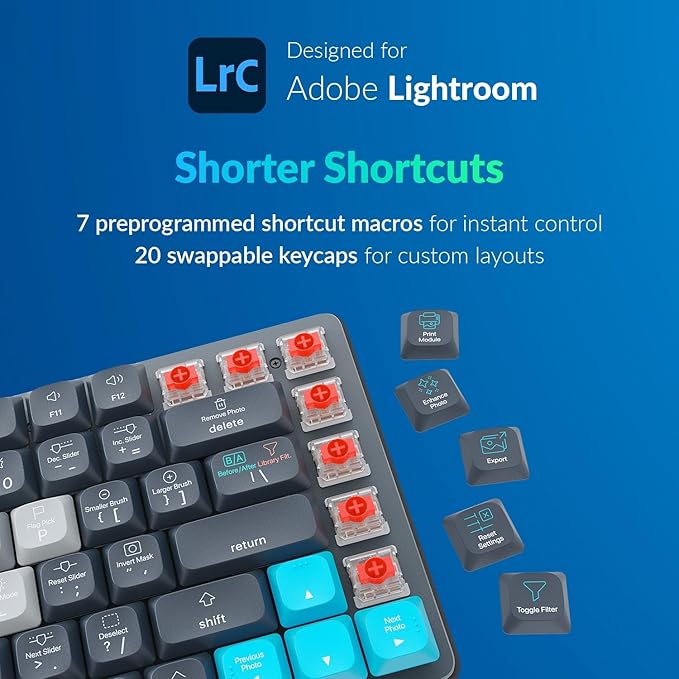 JCPAL Adobe Lightroom Keyboard • Dash Wireless Shortcut Keyboard for Mac and PC • Shortcut Hotkeys, Color-Coded Key Guide, Fully Customizable, Compact Low-Profile Design