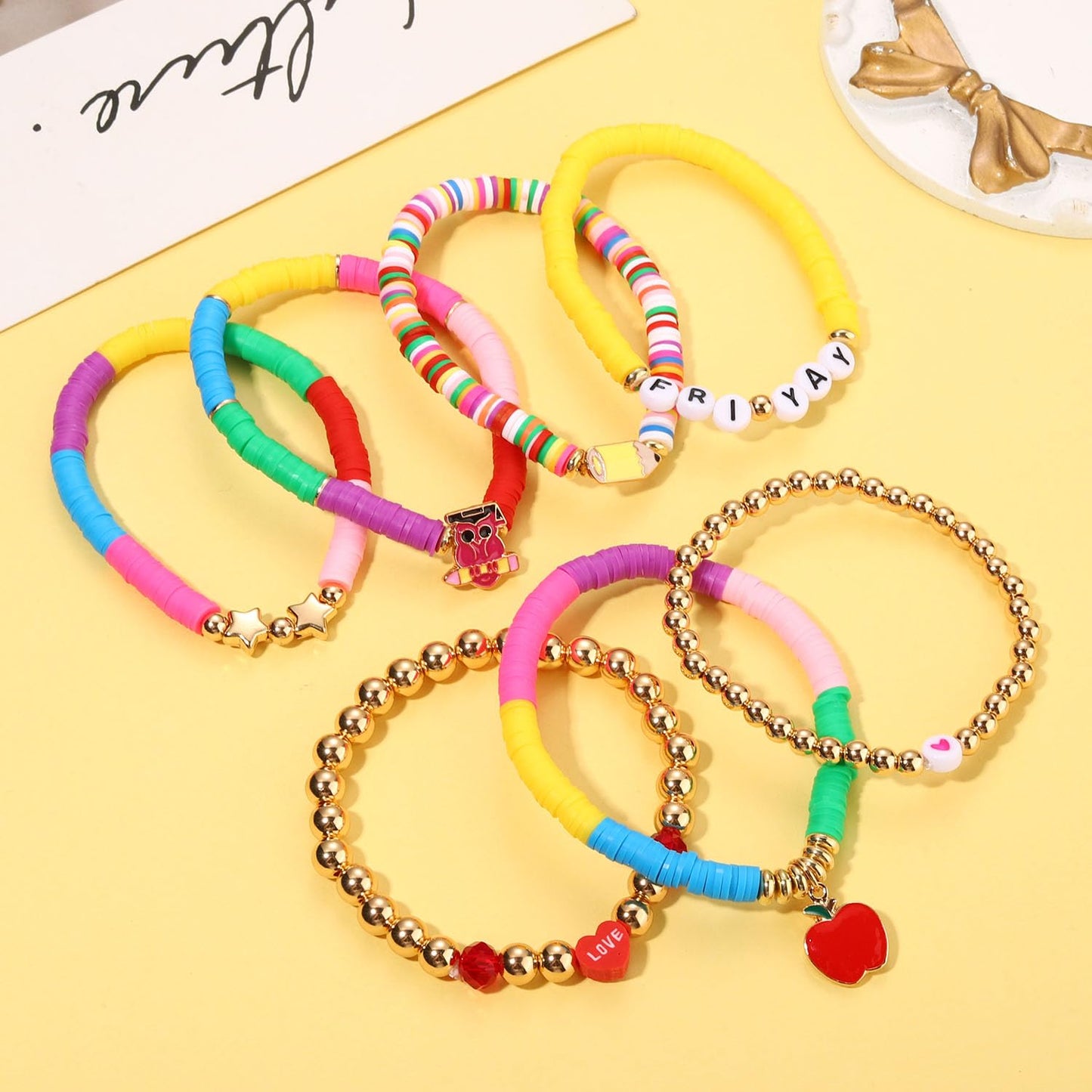 XOCARTIGE Teacher Bracelets for Women Stackable Teacher Heishi Clay Bracelet Colorful Beaded Strech Bracelets Teacher Accessorie