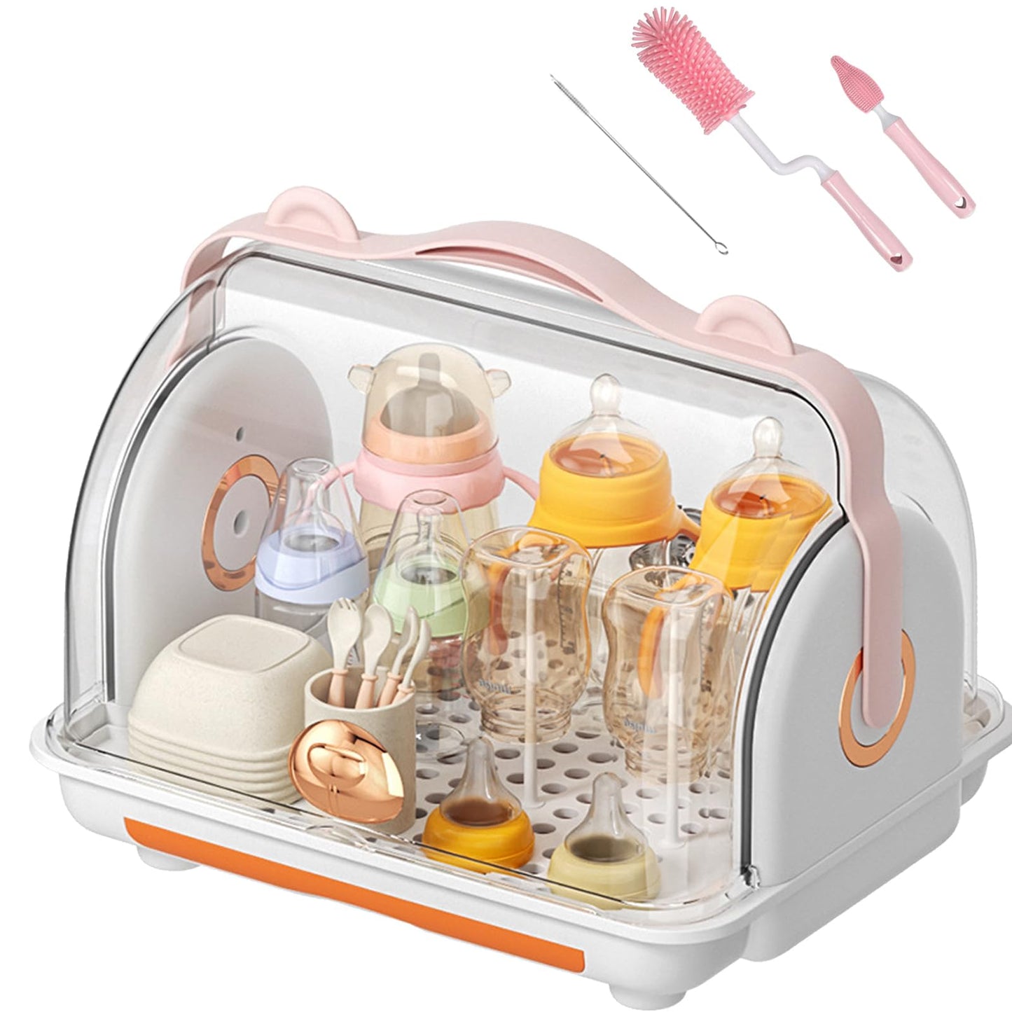 Nollapo Baby Bottle Drying Rack Storage with 3 Brush, Nursing Bottle Storage Box Organizer with Cover, Portable Kitchen Cabinet Organizer, Durable countertop Dryer (Orange)