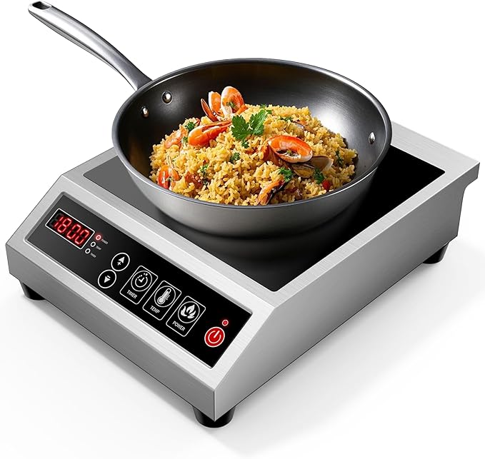 Induction Cooktop Commercial 1800W, Portable Countertop Burner with 8" Fast Heating Coil, 11 Temp/Power Levels, 24H Timer Stainless Steel Electric Stove for for RV Home Kitchen