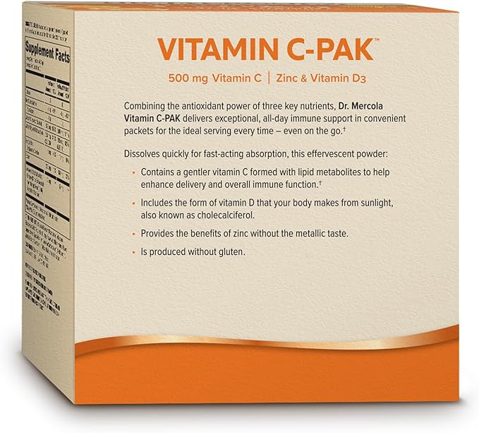 Dr. Mercola Vitamin C-PAK, 30 Servings (30 Packets), Fizzy Drink Mix, 500 mg Vitamin C, with Zinc and Vitamin D3, Natural Orange Flavor, Dietary Supplement, Supports Healthy Immune Function, Non-GMO