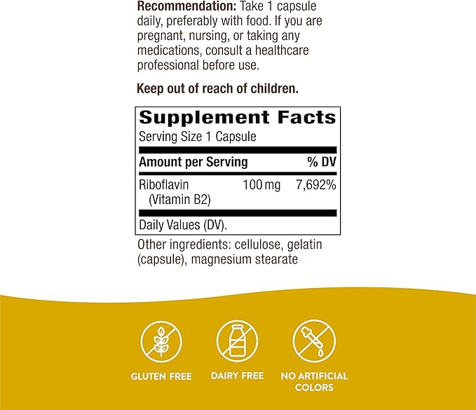 Nature's Way Riboflavin Vitamin B2, Supports Cellular Energy Production*, 100mg per Serving, 100 Capsules (Pack of 2)