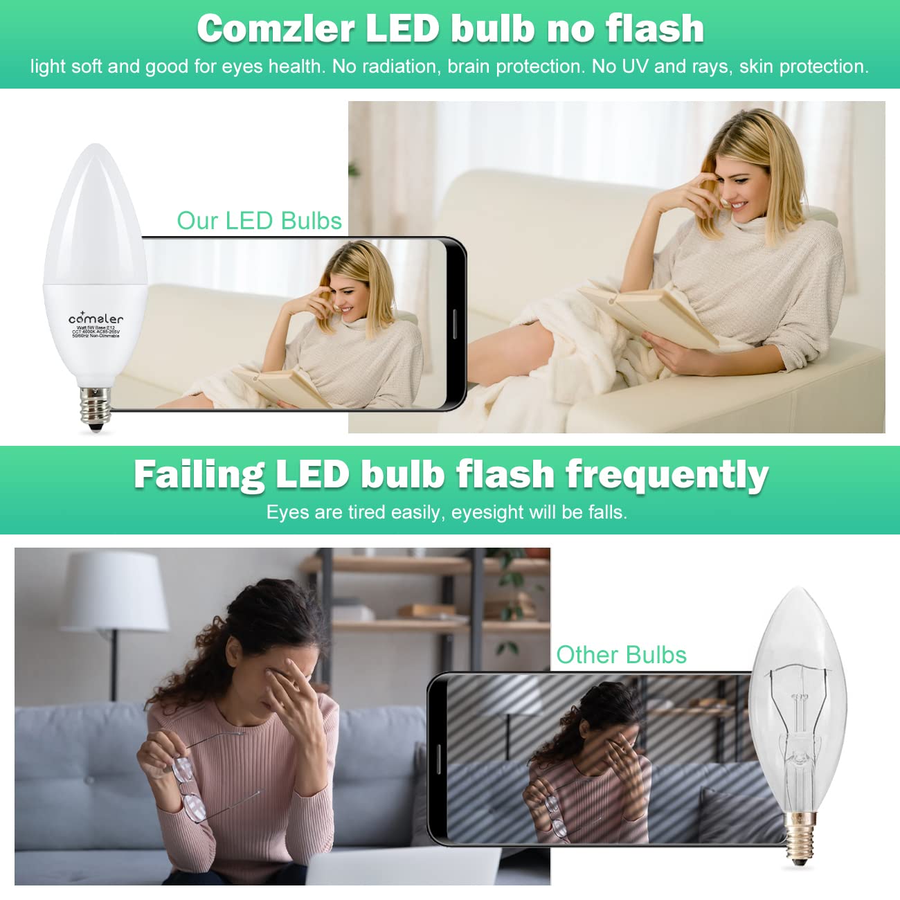 Comzler E12 Led Bulb 60W Equivalent, 4000K Natural Daylight, B11 Candelabra Base, Pack Of 6, 500 Lumens, Non-Dimm