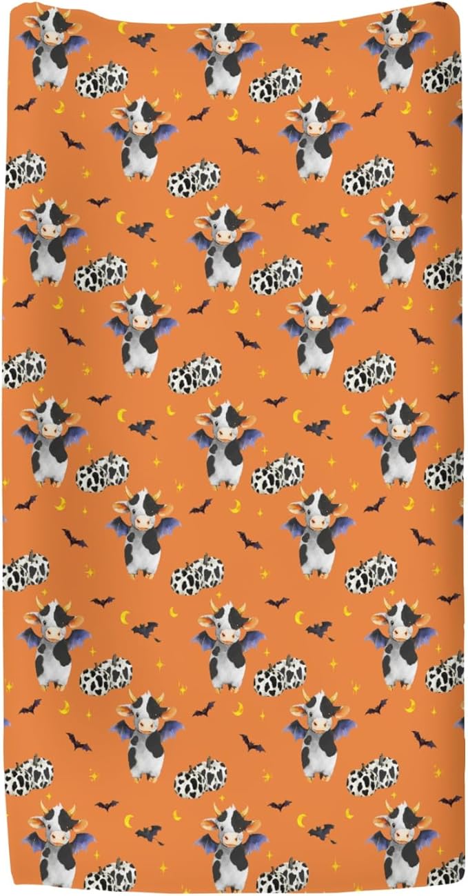 Halloween Cow Bats Pumpkins Baby Changing Pad Covers for Boy Girl Cute Cows Moon Stars Fitted Change Table Pad Covers Mats Spooky Farm Animal Soft Diaper Change Table Cover Sheets 32''×16'' Orange