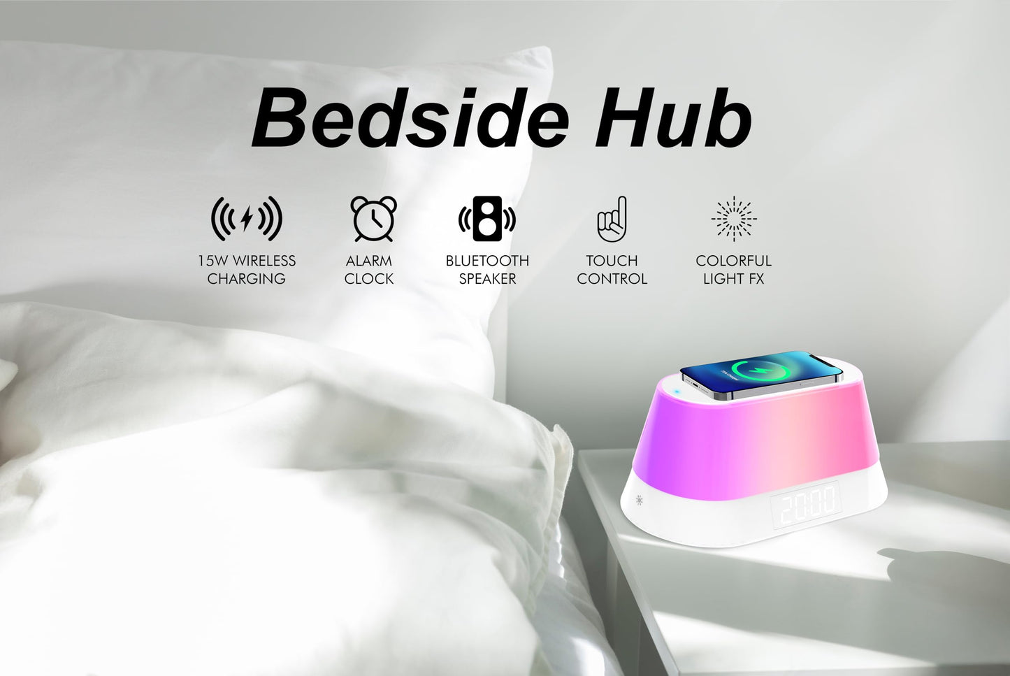 Fisher Alarm Clock Speaker Wireless Charger, Digital Alarm Clocks Bedrooms Bluetooth, Alarm Clock Dimmable Light Bedrooms Dual Alarm Snooze Dimmer 12 24H RGB Night Light Bluetooth USB