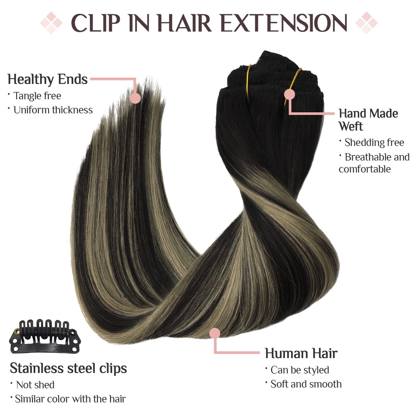 Hair Extensions Real Human Hair, 22 Inch 120g 7pcs, Balayage Natural Black to Light Blonde, MAXITA Clip in Hair Extensions Remy