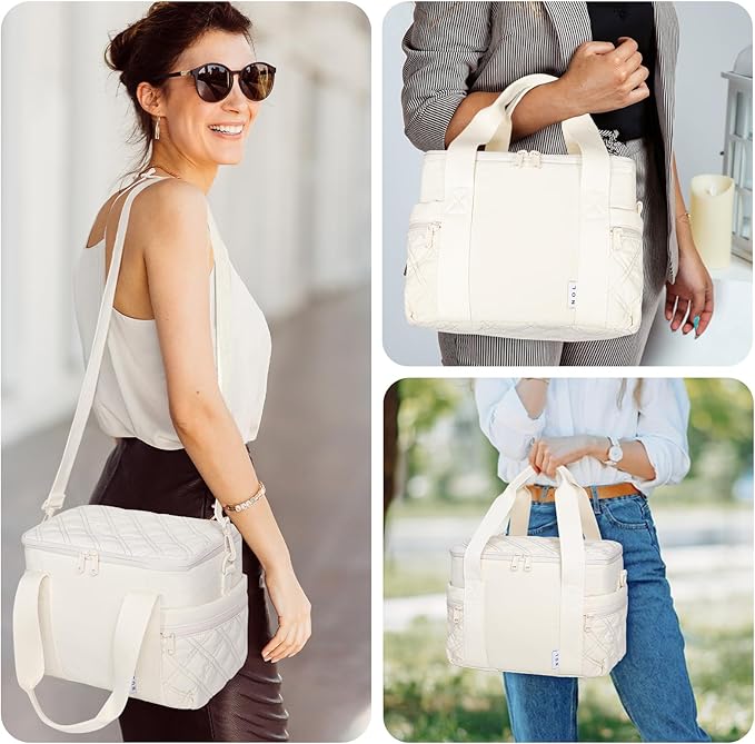 NOL Natural Organic Lifestyle Women's Nylon Lunch Cooler Cute Quilted Lunch Bag Large Leakproof Insulated Lunch Tote Bag for Work Picnic Travel,Cream