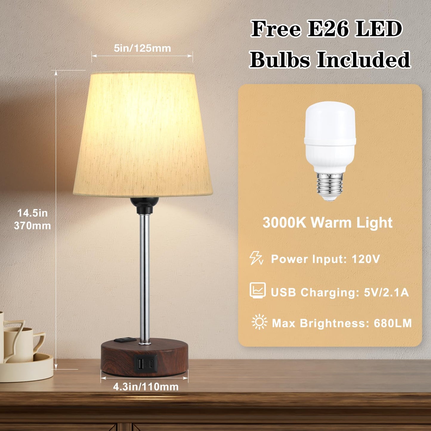 Acaxin Reddish Brown Bedside Lamps Set of 2, 3 Way Dimmable Touch Control, USB C Port, AC Outlet, Model ACA-TL20-Beige-Brown Wood