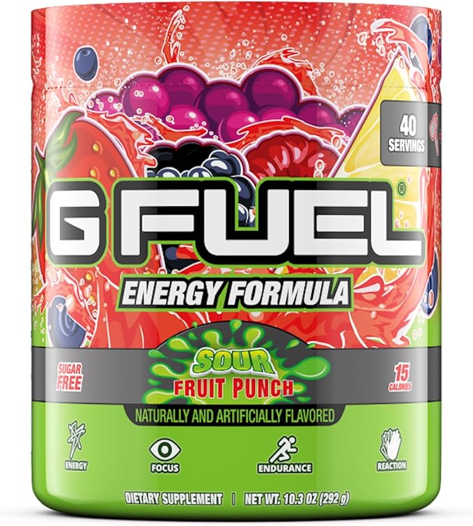 G Fuel Sour Fruit Punch Energy Drink Powder, Pre Workout Caffeine Mix for Gaming, Sugar Free Focus Amino, Vitamin + Antioxidants, 10.3oz (Sour Fruit Punch, 40 Servings)