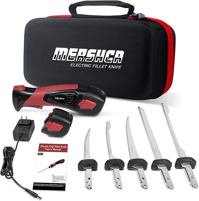 Cordless Electric Fillet Knife, with 5 Ti-Nitride S.S. Coated Non-Stick Reciprocating Blades & Cooling Hole Non-Slip Grip Handle & Practical handbag, Rechargeable Electric Knife for Fishing