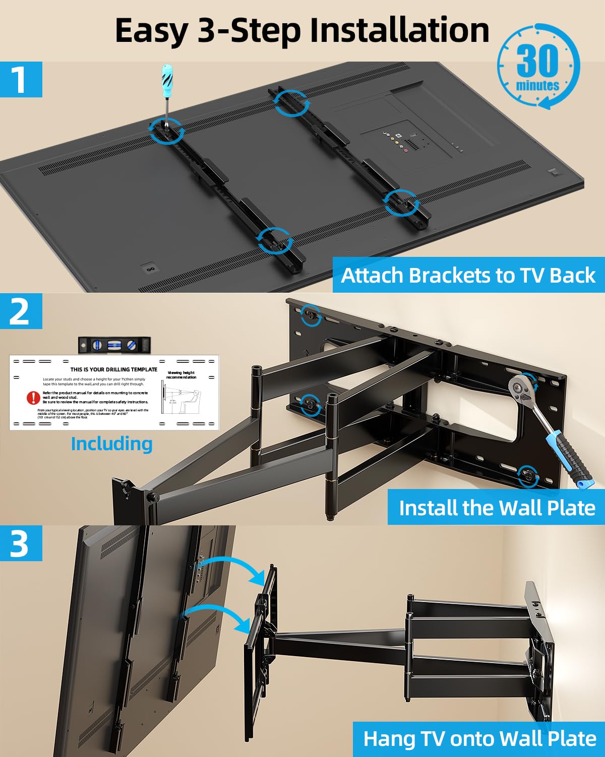 HOME VISION Full Motion Long Arm TV Wall Mount Bracket, Fits 75, 80, 85, 86, 98, 100 inch Flat or Curved TVs Up to 800x600 VESA & 165LBS, TV Mount with Full Motion, Swivel, Tilt, Extension, Heavy Duty