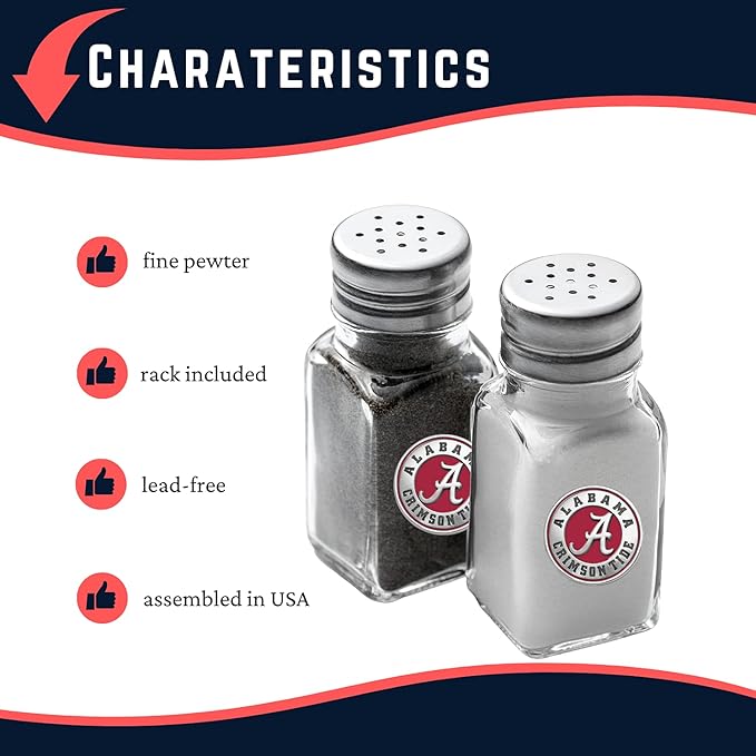 Heritage Pewter University of Alabama Crimson Tide Salt and Pepper Shaker Set of 2 Bottles | Expertly Crafted Pewter Glass