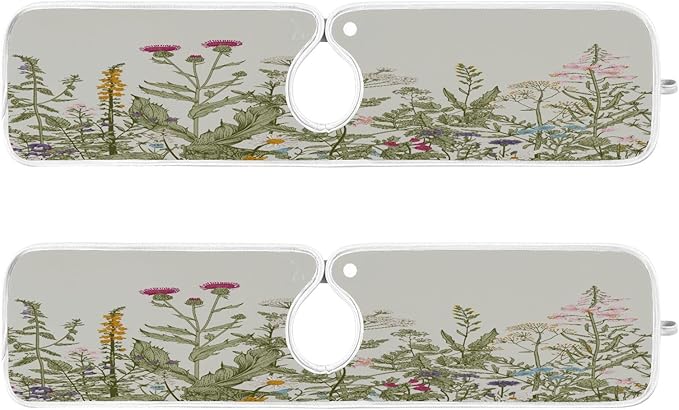 Kitchen Faucet Absorbent Mat, Herbs Wild Flowers Plant Water Splash Guard for Sink, Faucet Drip Catcher Thicken Sponge Microfiber Faucet Water Catcher Mat Sink Absorbent Mat for Kitchen 14x5in 2 Pack