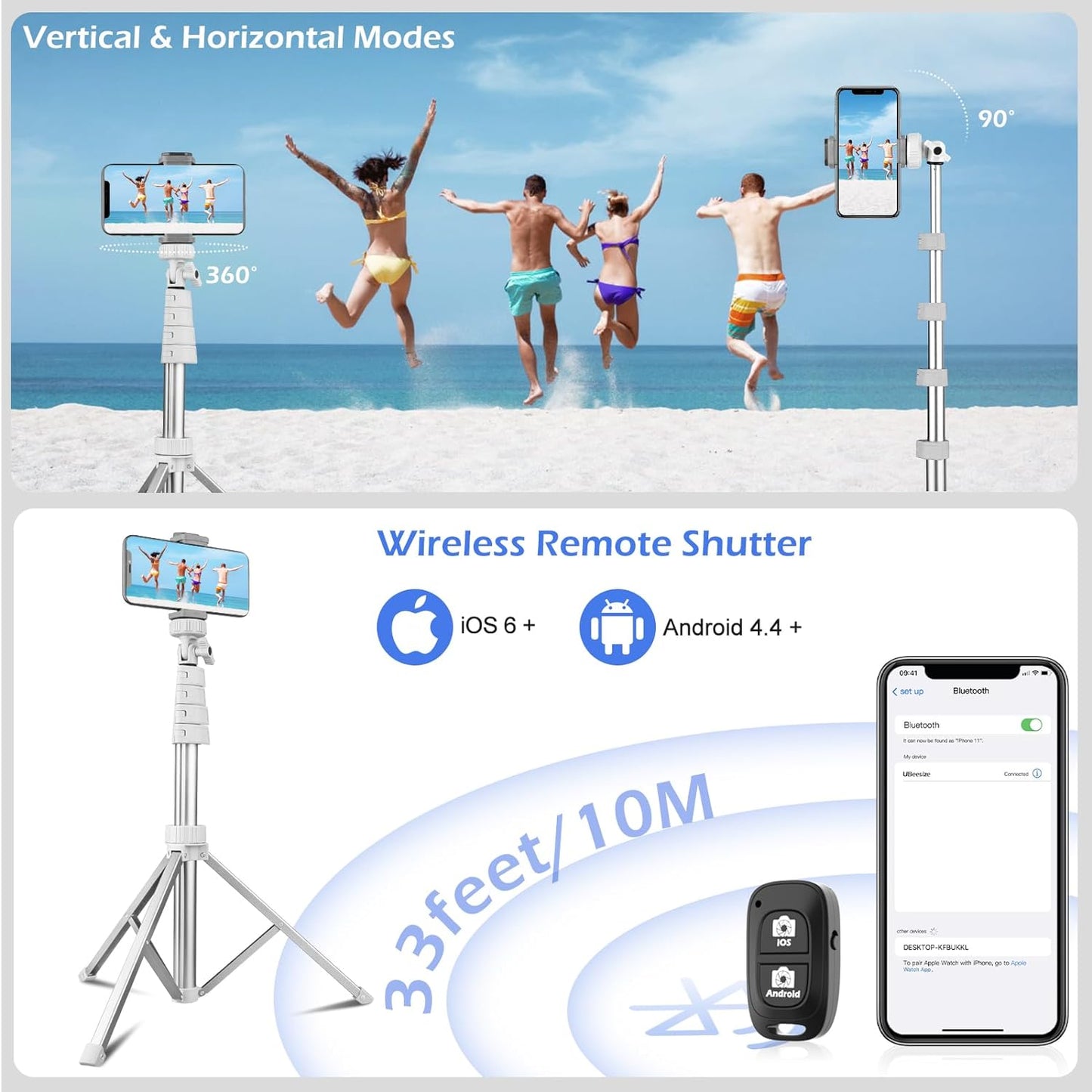 Sensyne 67" Phone Tripod & Selfie Stick, Extendable iPhone Tripod Stand with Wireless Remote and Phone Holder, Compatible with Cell Phone, Camera (Silver)