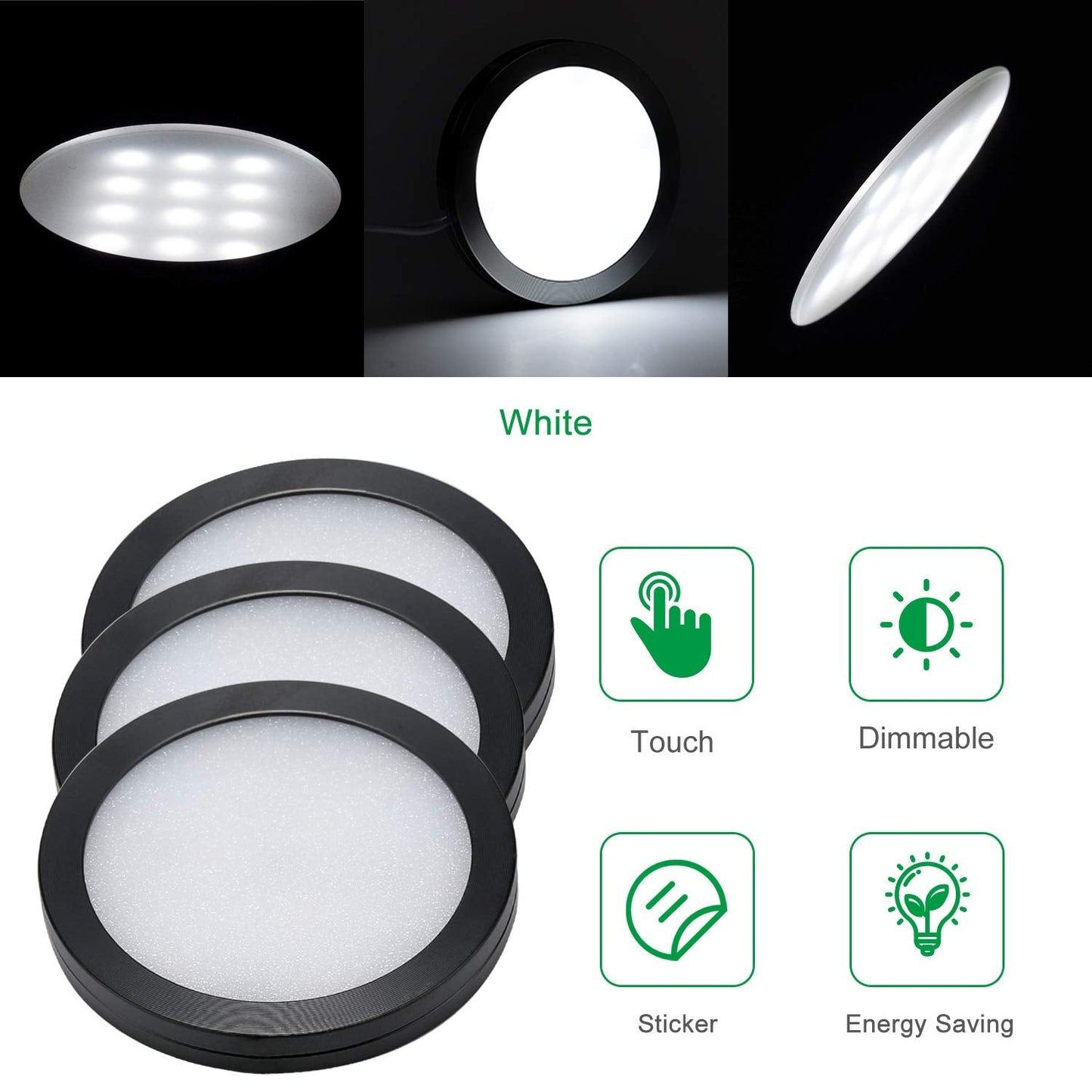 Aiboo Under Cabinet Led Black Cover Puck Lighting Kit With Touch Dimmer Switch For Kitchen Cupboard Closet Lighting (6 Lights Daylight White)