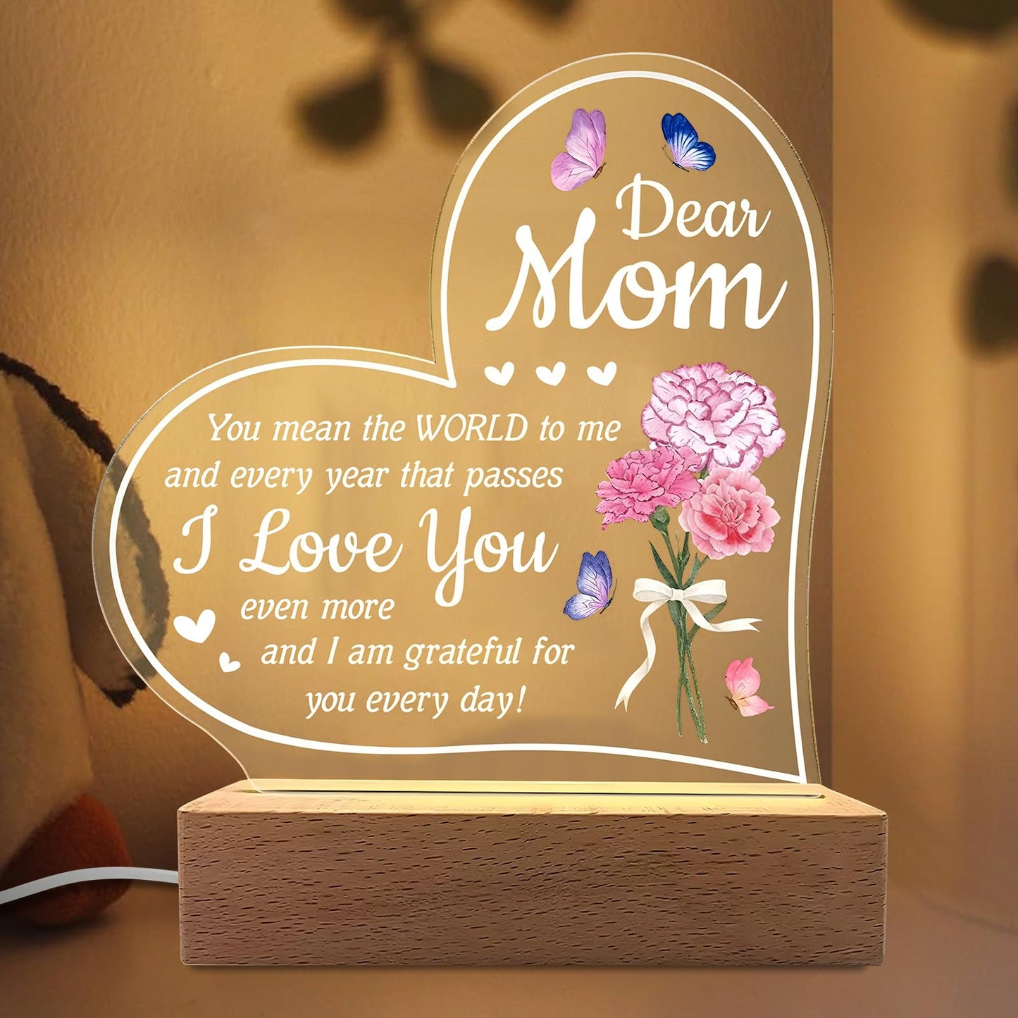 Hpydiy Carnation Heart Shape 3D Crystal Acrylic Light Base With Wood Stand  Led Light For Kids Room Decor  Gift For Mom On Birthday Or Holiday  Home D?Cor Art Display