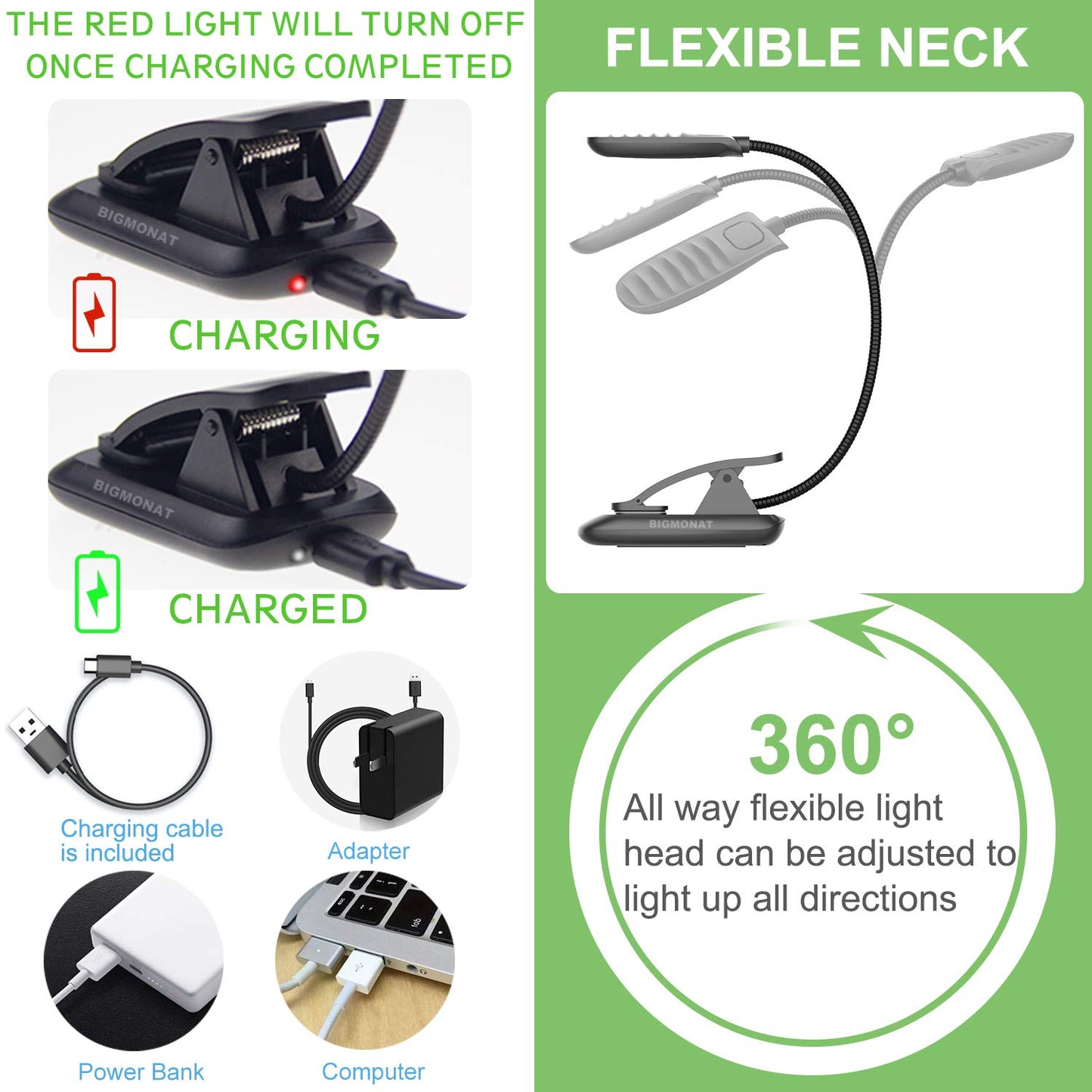 BIGMONAT LED Book Reading Light - Rechargeable, Adjustable Brightness, Portable, USB, Black, Model B94-A