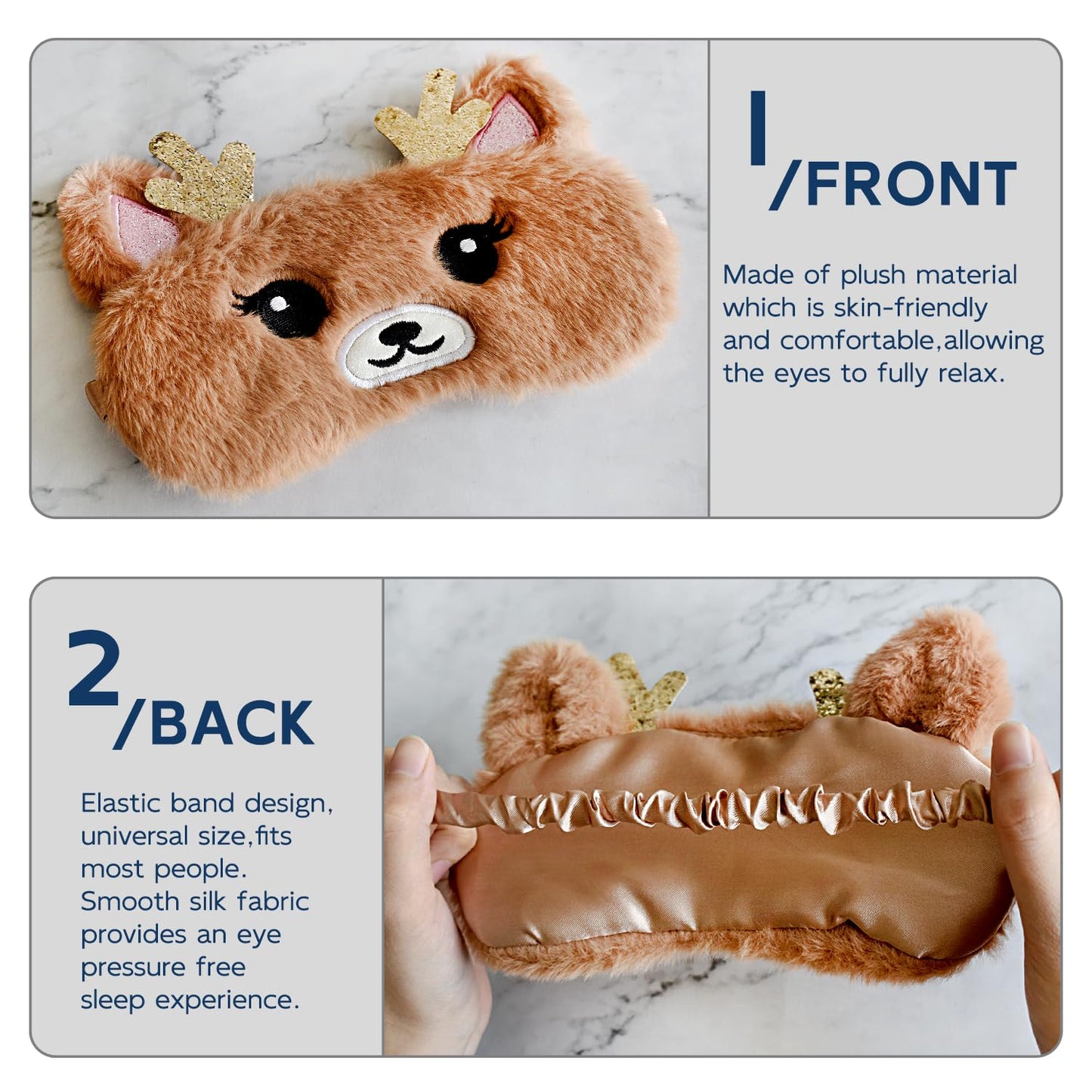 VHOPMORE Cute Animal Sleeping Mask Sleep Mask, Xmas Reindeer Soft Plush Eye Mask for Travel Nap Funny Rudolph Blindfold Eye Cover Eyeshade for Adult Kids Girls Teens Men Women - Reindeer, Gold & Brown