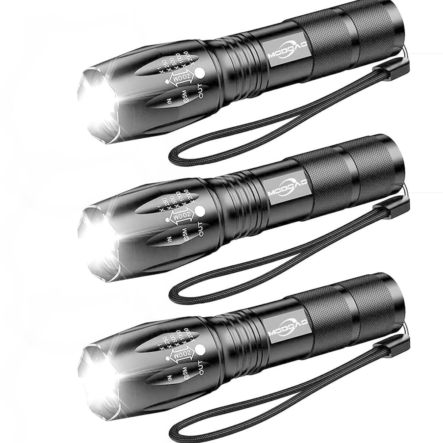 Modoao 3 Pack Led Flashlights - Super Bright, Zoomable, 5 Modes, White, Model B07J4Xfm31, Ideal For Camping, Hiking, Dog Walking
