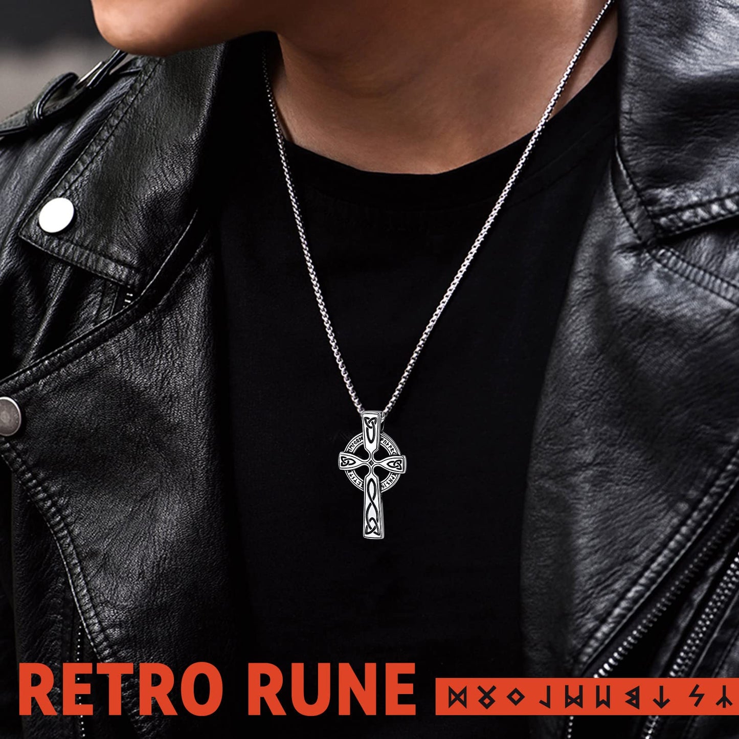 FaithHeart Celtic Knot Pendant Necklace Stainless Steel North Viking Cross Jewelry with Vintage Rune Design
