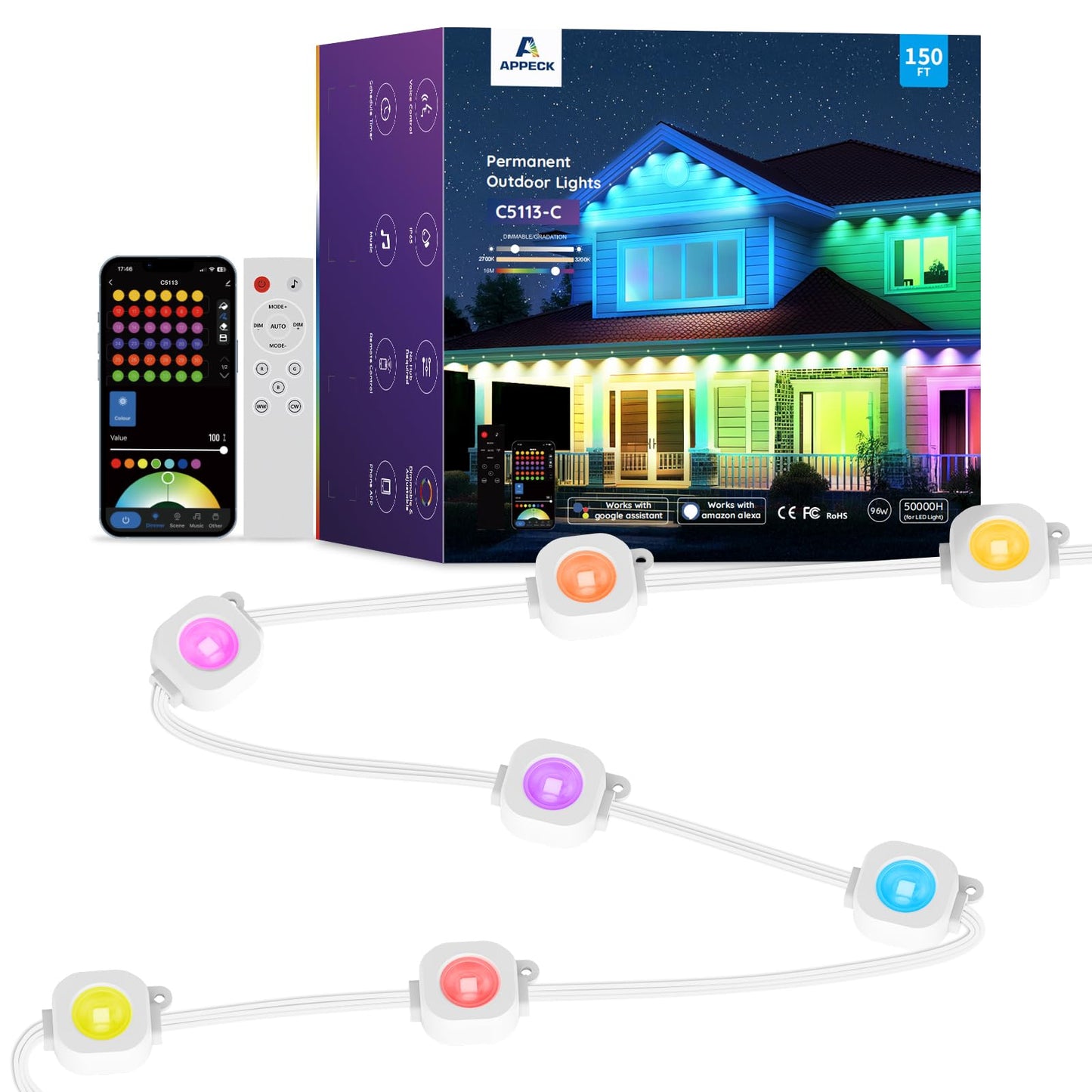 Permanent Outdoor Lights 150Ft Rgbw Eaves Light With 108 Led Lights 111+ Scenes Modes Outdoor Lighting  Waterproof Permanent Light For Daily Holiday Halloween Decorations  Compatible With Alexa White
