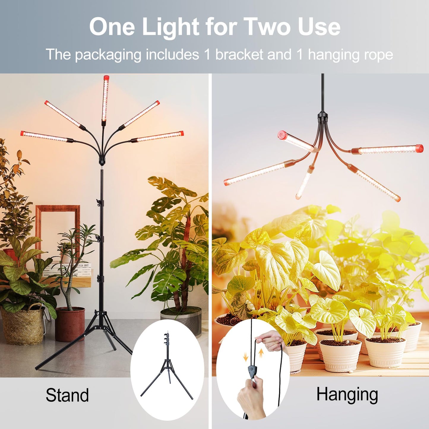 FECiDA 45W 5-Head Tripod Plant Light for Indoor Plants, Full Spectrum, Timer, Black, Model ZH_GL_RH