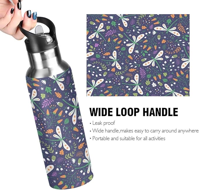 Blueangle Berries and Dragonflies Sports Water Bottle 22 OZ BPA Free Leakproof Water Bottle for Fitness Gym Camping Outdoor Sports