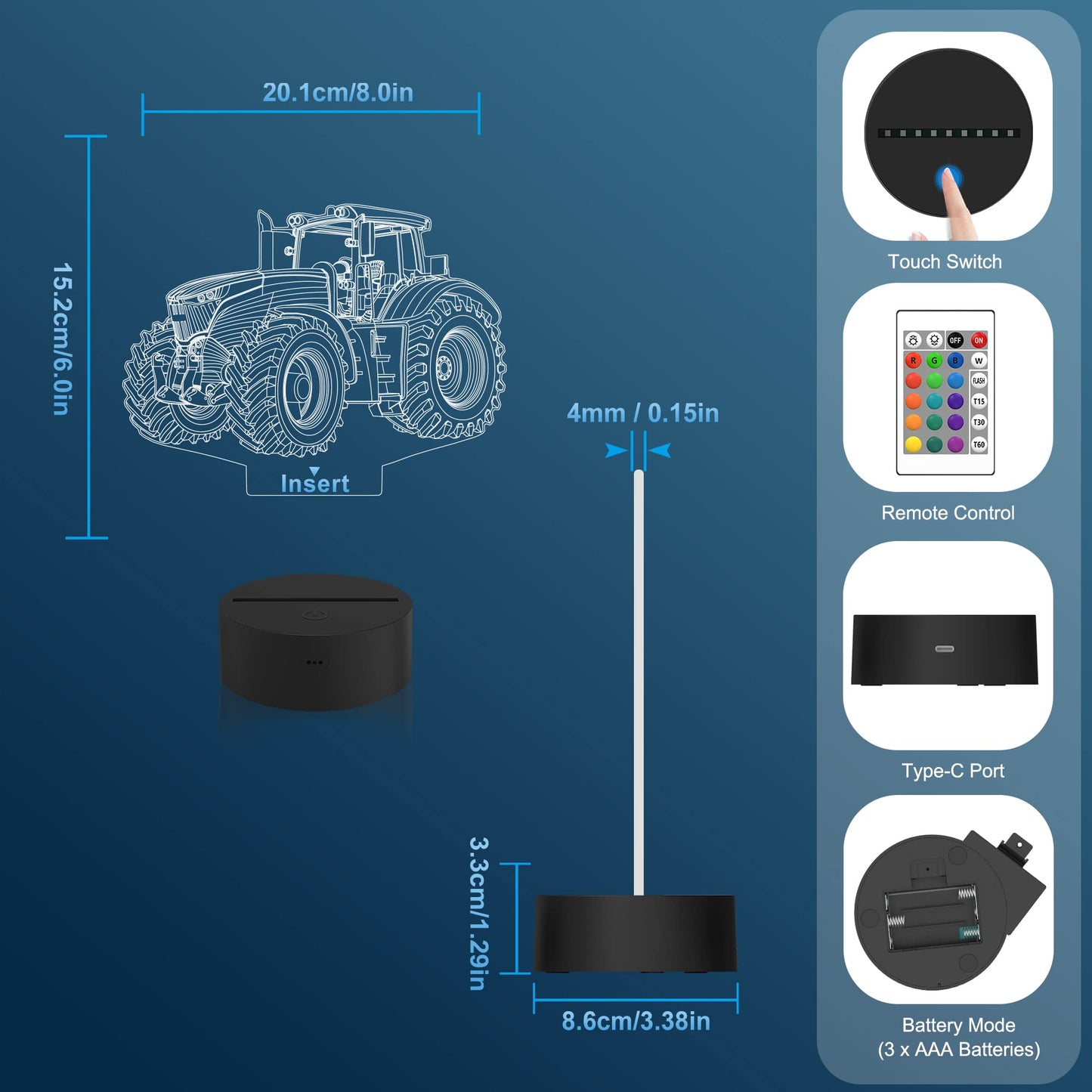 Attivolife 3D Illusion Night Lamp - 16 Color Changing, Dimmable Hologram, Usb Charge, Tractor Model Fs-2810-9999, Creative Gift For Kids