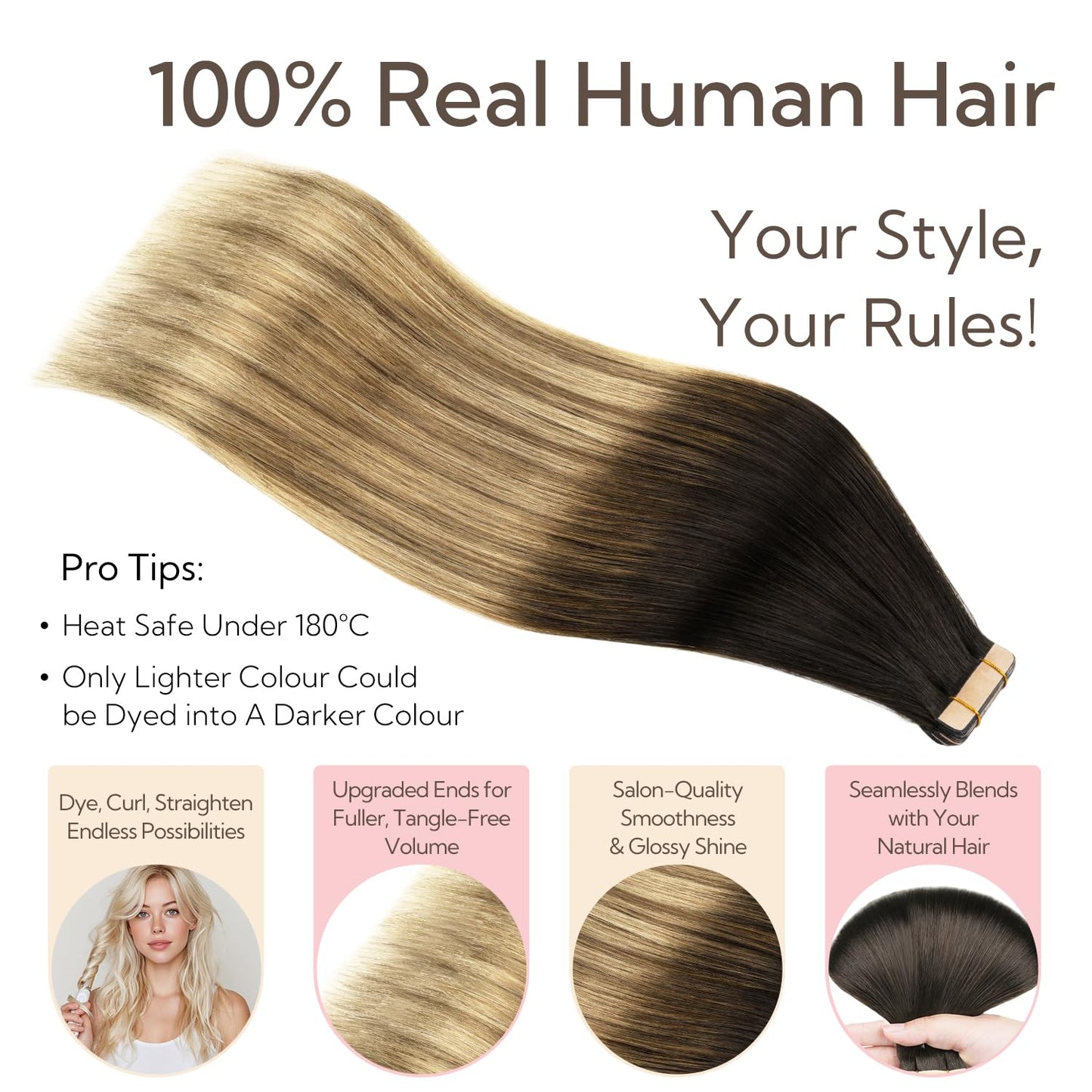 Tape in Hair Extensions, Dark Brown to Light Brown and Ash Blonde Balayage Color Real Human Hair Extensions, Straight Remy Tape