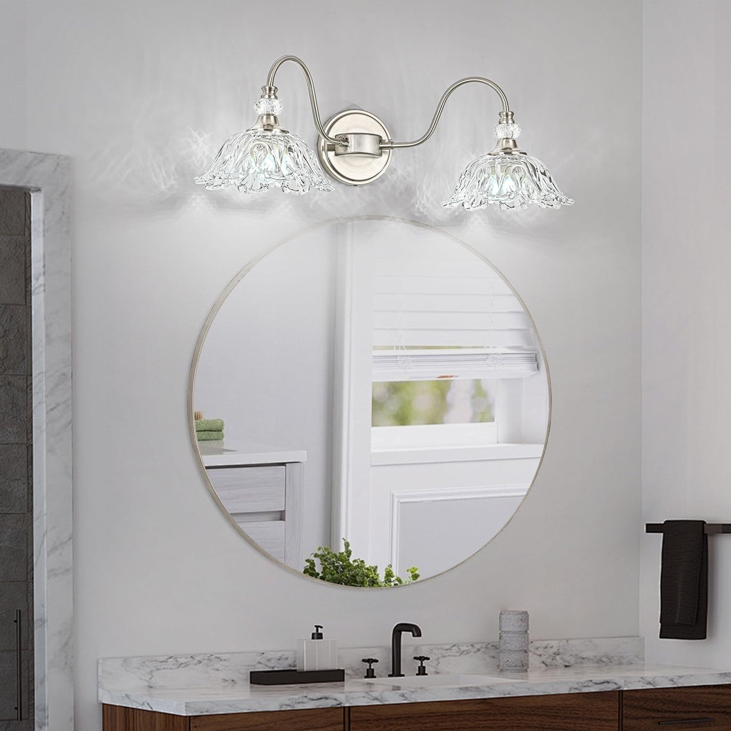 Sunkryster Brushed Nickel Bathroom Vanity Light  2-Light Vanity Light With Floral Clear Glass Shades  Nickel Wall Mount Lighting For Bathroom  Dressing Table