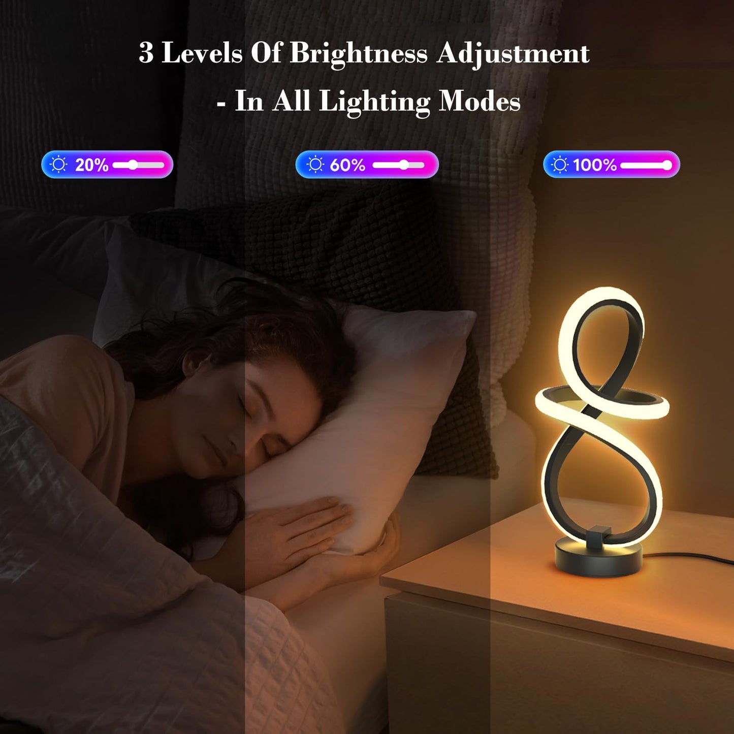 PutWish Spiral LED Table Lamp, 16 RGB Modes, Touch & Remote Control, 3-Way Dimmable, Black, Model MT7195-1