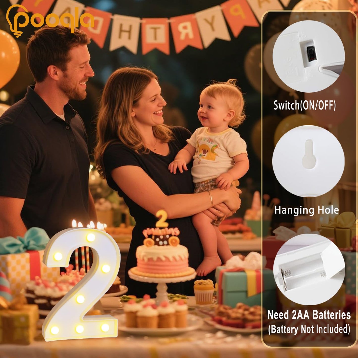 Pooqla Decorative LED Light Up Number Sign, Battery Operated, Warm White, Model JH-NB-02, Marquee Number 2