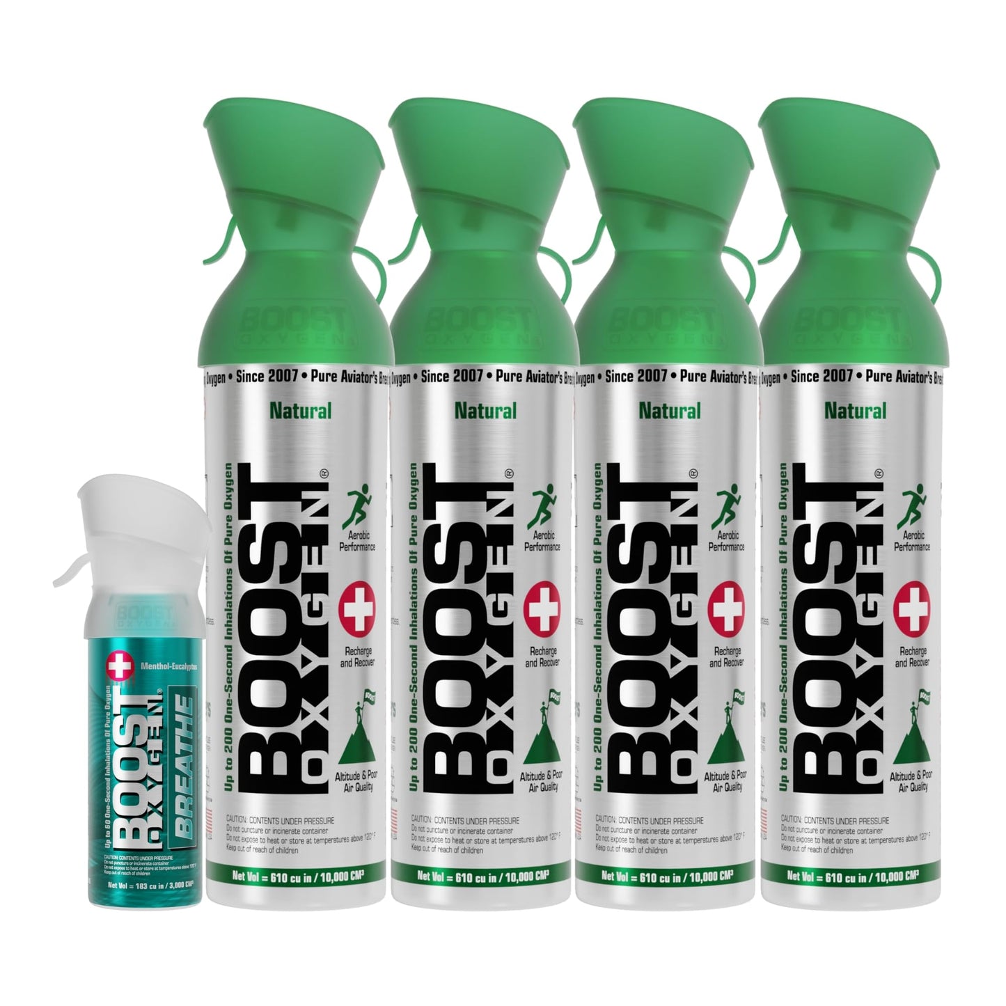Boost Oxygen Canned 4 Portable 10 Liter Natural Oxygen Canister Bottle with 1 Menthol Eucalyptus Pocket Sized Pure Canned Oxygen Bottle Canister