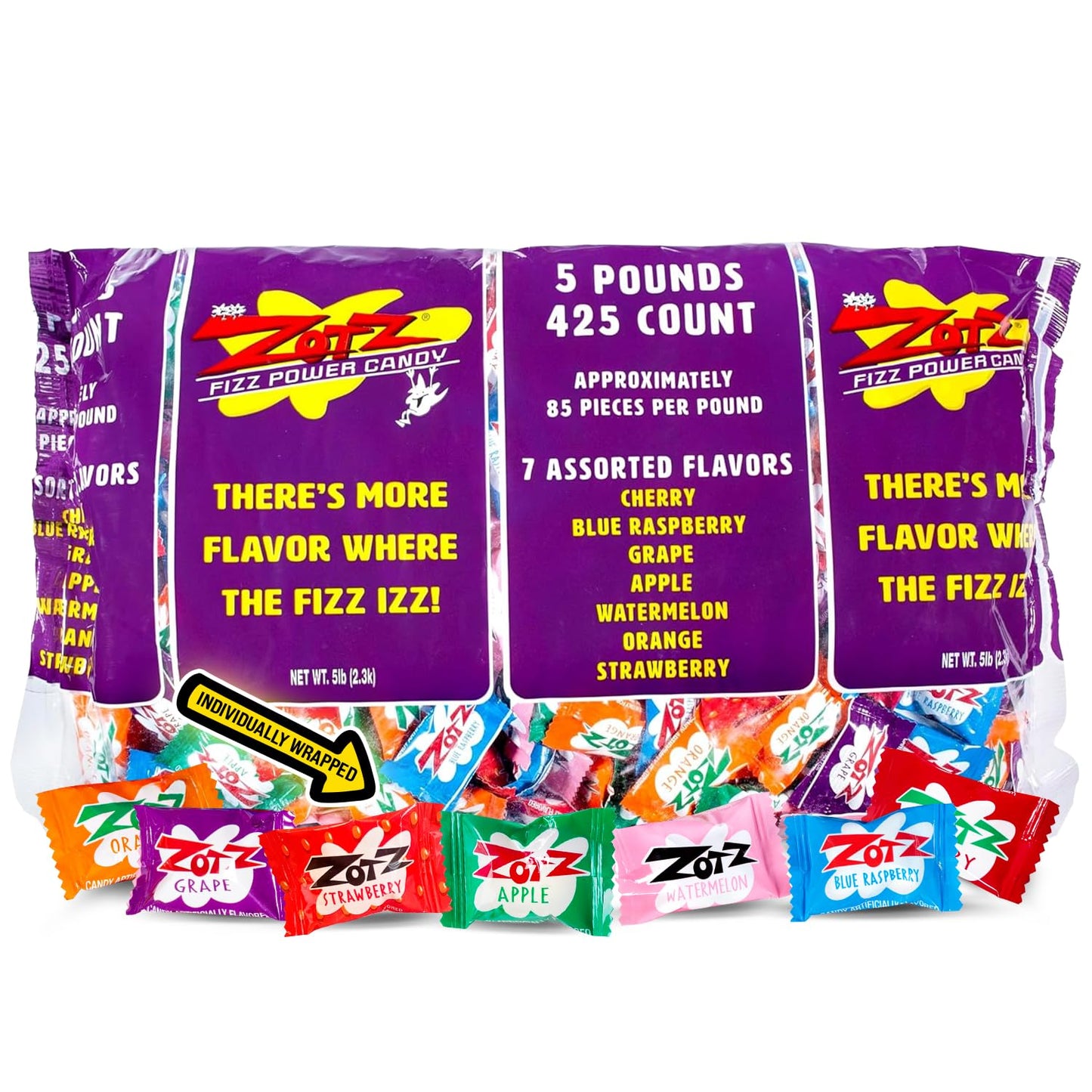 Zotz Fizzy Bulk Candy (Assorted, 425 Units)- Hard Candy Individually Wrapped- Assorted Fruit Flavors, Cherry, Watermelon, Strawb