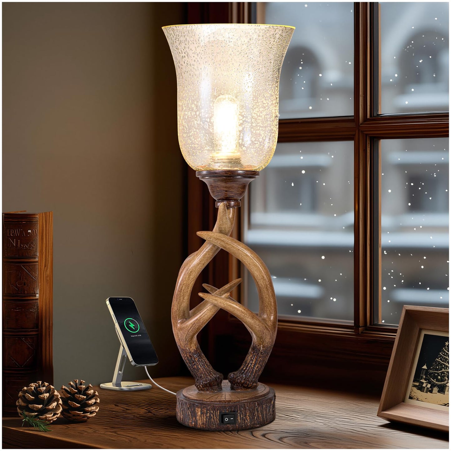 Scenekoy Antler Table Uplight Lamp, Rustic Resin Design, Glass Shade, USB Ports, 20.5·Height, Brown-5, Model SL005-UP