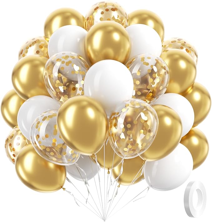 60pcs Gold and White Balloons 12inch, White and Gold Balloons with Metallic Gold Confetti Balloons for Graduation Wedding ...