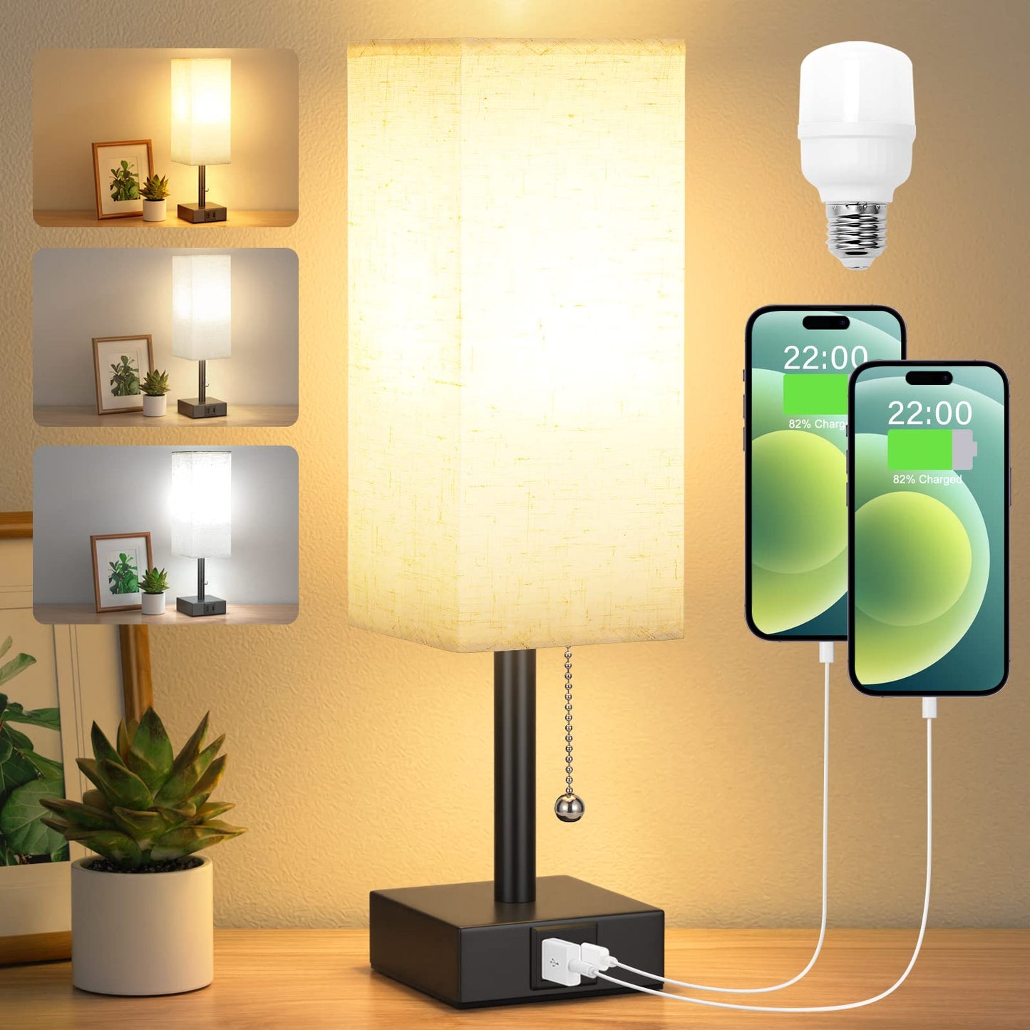 Aooshine Bedside Table Lamp with 3 Brightness Levels, 15.5 In, Beige Fabric Shade, USB C+A Ports, LED Bulb Included