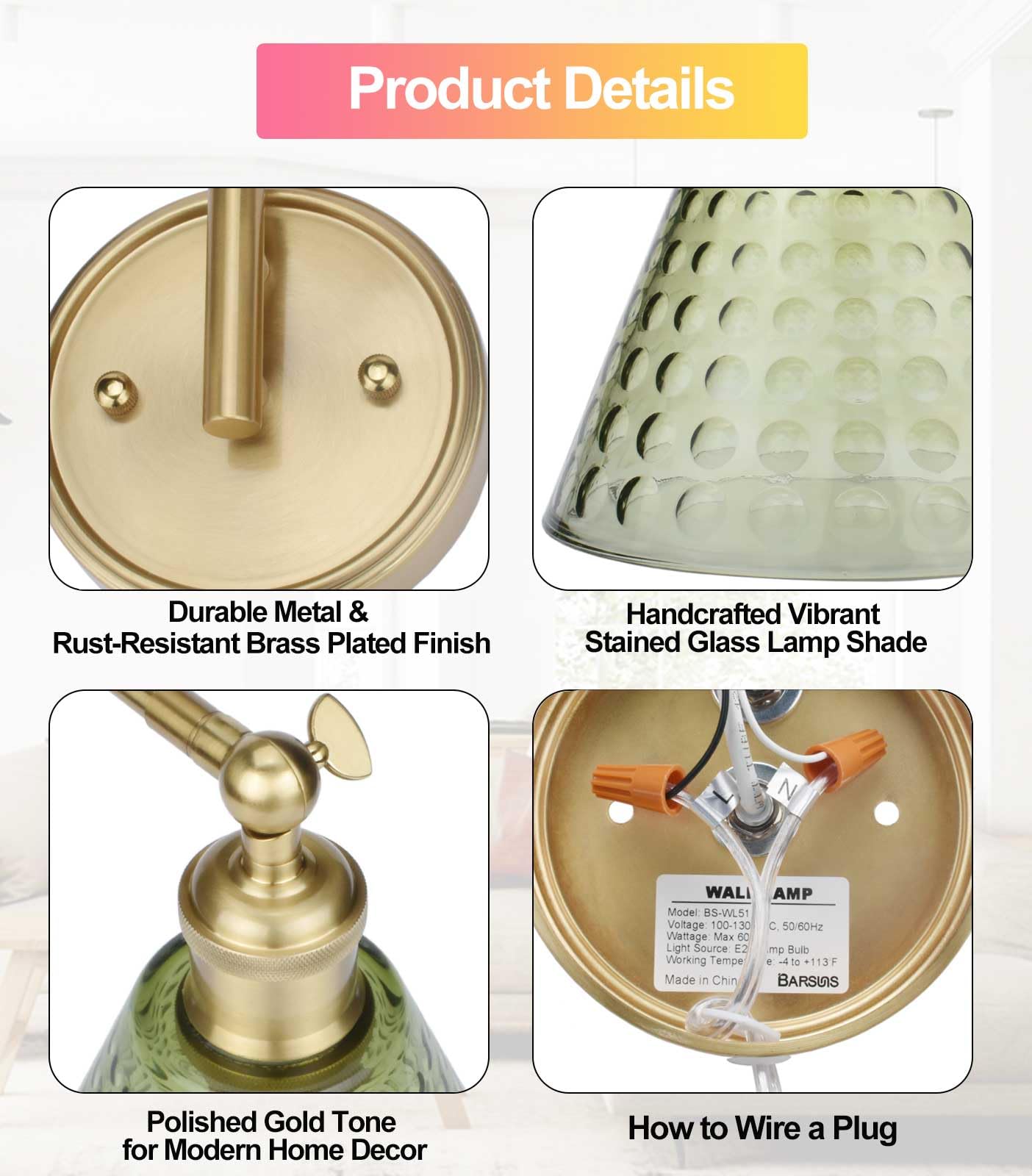 BARSUNS Swing Arm Wall Sconce Set of 2, Adjustable Brightness, Gold & Green, Model BS-WL351YG-B2, Plug-in/Hardwire, Remote Control