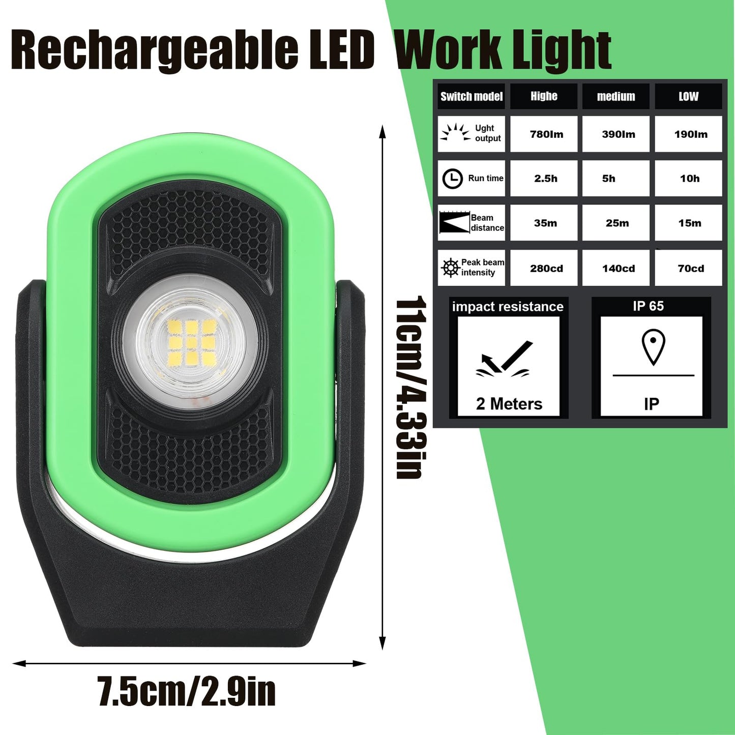 Retisee 2 Pcs 780 Lumens Magnetic Work Light USB Rechargeable LED Flashlight Portable Inspection Light for Car Repair Emergency Lighting Mechanics Workshop (Green)