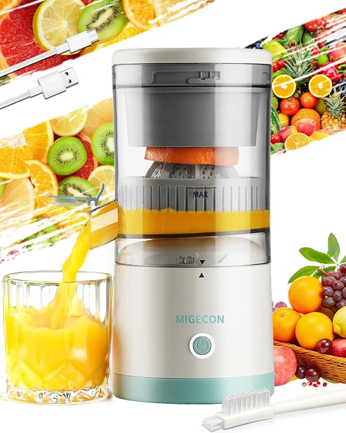 Electric Juicer Rechargeable,Portable Kitchen Gadget for making Orange Juice,Squeezing Oranges,Lemons,Kiwi Fruit,Grapefruits,and Citrus Juices.Comes with USB charging and a Cleaning Brush(White)