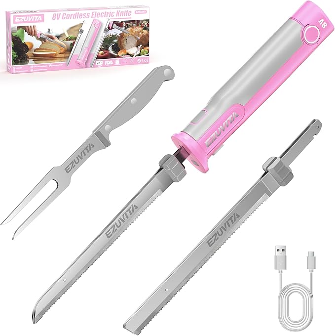 8V Cordless Electric Knife Set, Rechargeable Electric Carving Knife with Reciprocating Stainless Steel Blades for Meat & Bread, Fork Included, Equipped with interchangeable 2000mAh Large Capacity Battery, Ergonomic Handle and Safety Lock for Turkey, Me...