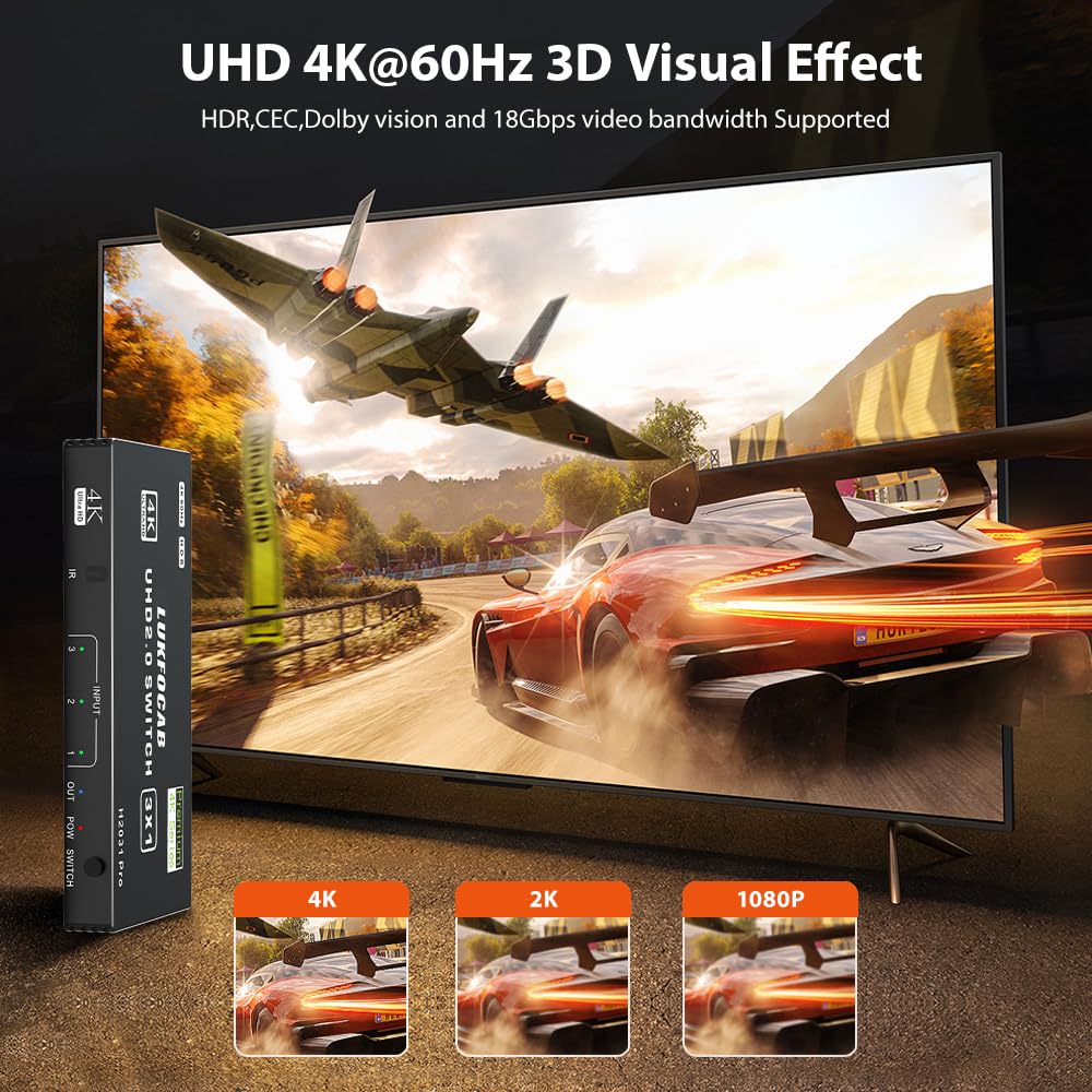 Hdmi 2.0 Switch 3 In 1 Out 4K 60Hz, 3 Port Hdmi Selector Box With Ir Remote Control, Support Uhd Hdcp 2.2 Hdr10 3D 18Gbps, Auto