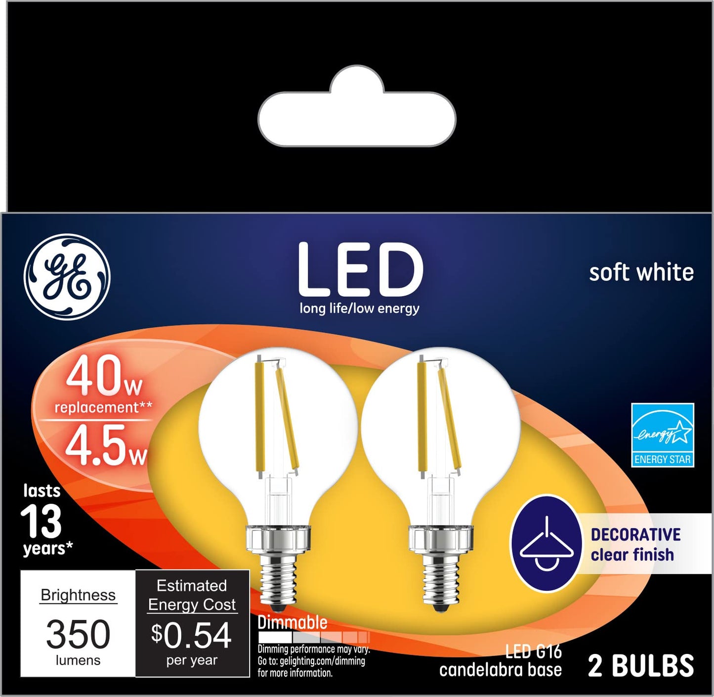 GE Lighting Dimmable LED Light Bulb, 40W Replacement, 350 Lumen, Clear Finish, G16.5 Globe, 2 Count, Model 24535