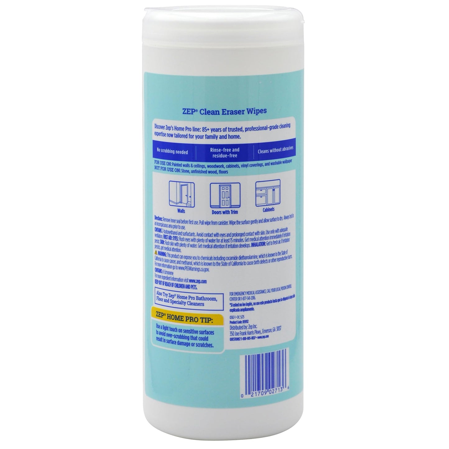 Zep Home Pro Clean Eraser Wipes 50 count- R59112- Removes Scuffs, Handprints, Crayon, Greese for use on Walls, Baseboards, Doors, Cabinets and Trim