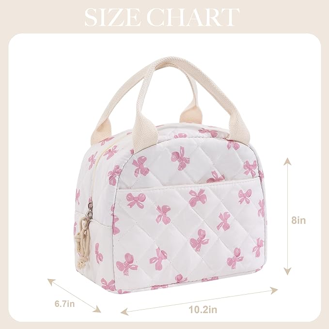 Lunch Bag for Women Insulated Lunch Box Reusable Cooler Bag Portable Cute Floral Quilted Cotton Bag Leakproof Tote Bags for Travel, Work, and Picnic, Pink Bow