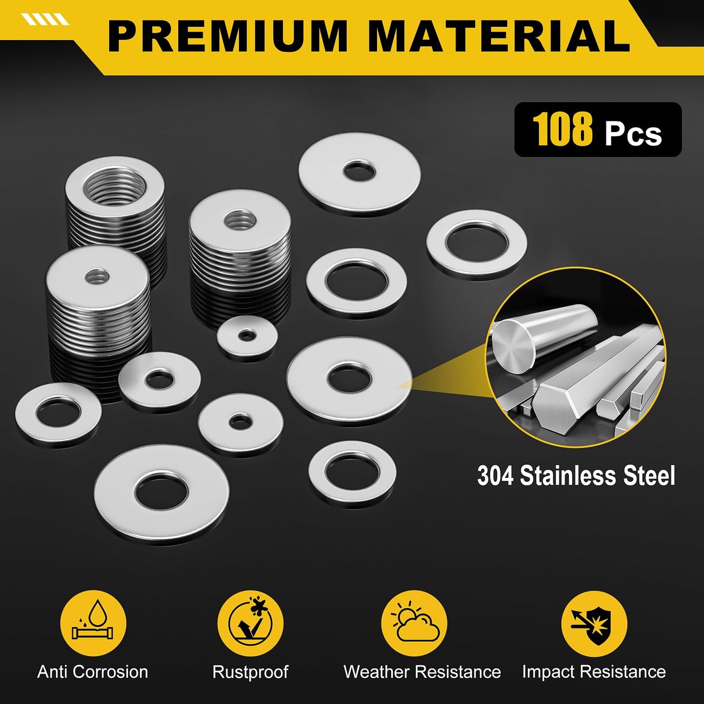 WIESVOP 108Pcs 304 Stainless Steel Flat Washers, Fender Washers Assortment Kit 12 Sizes (M3-M12) Metal Washers for Screws Bolts Large and Small Hardware for Various Home Industrial Automotive
