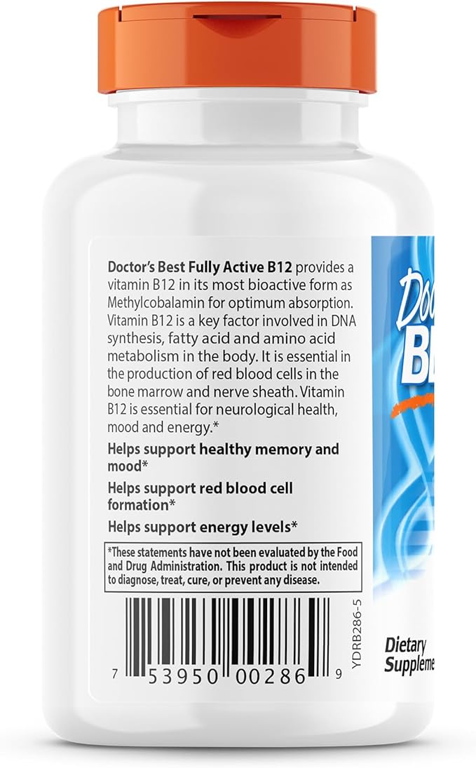 Doctor's BEST Fully Active B12 1500 mcg, Non-GMO, Vegan, Gluten Free, Supports Healthy Memory, Mood and Circulation, 60 Count (Pack of 2)