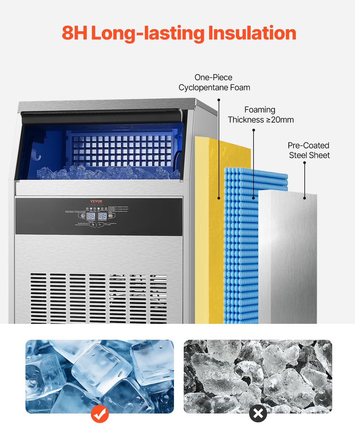 Vevor Commercial Ice Maker Machine, 160Lbs/24H Ice Maker Machine With 66Lbs Storage Capacity, 80 Ice Cubes In 15 Minutes, Led Di