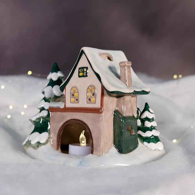 Blue Sky Clayworks Keroppi’s Pondside Pines Candle House, 7.5" L x 6.125" W x 5.75" H, Woodland Window Glow